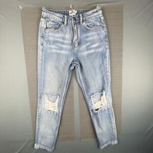 The Rockn Rev Distressed Knee Rigid Cotton Jeans Light Wash Tapered US 4